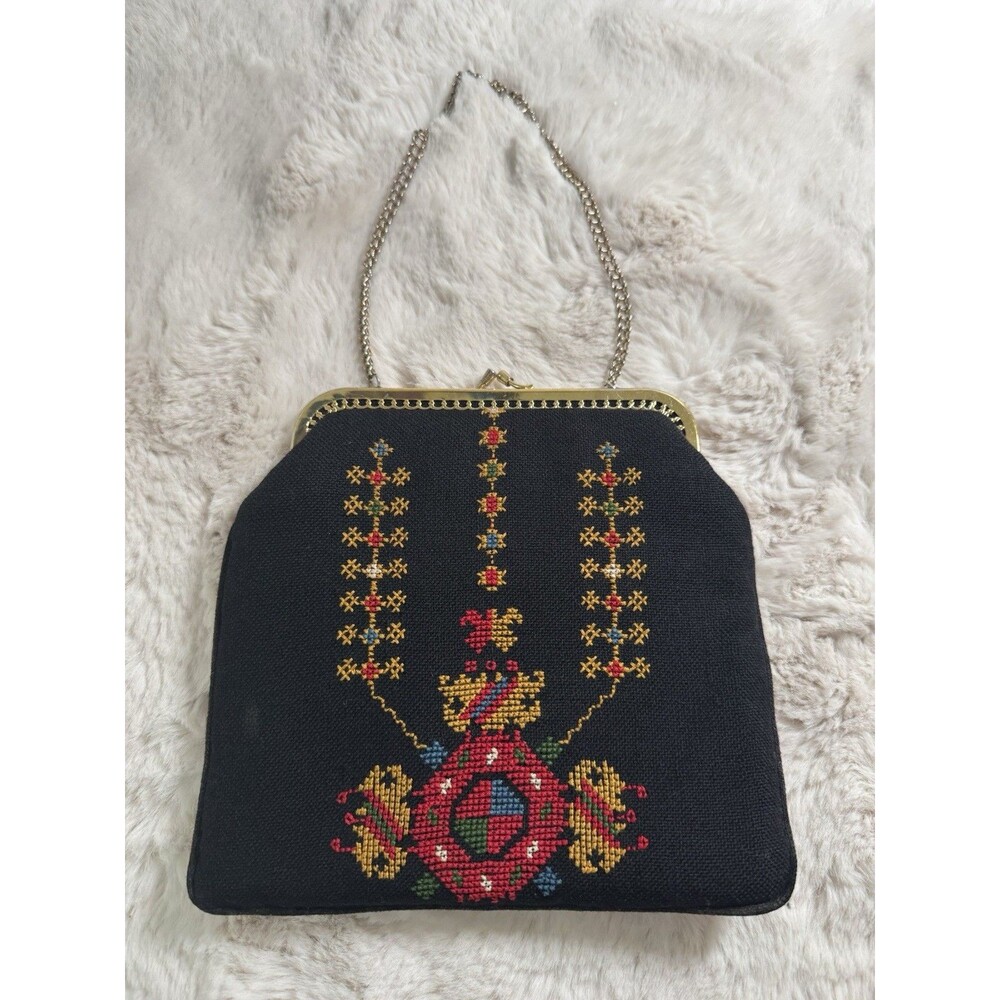 Vintage Handbag Embroidered Purse Chain Black Cross Stitch Cottagecore